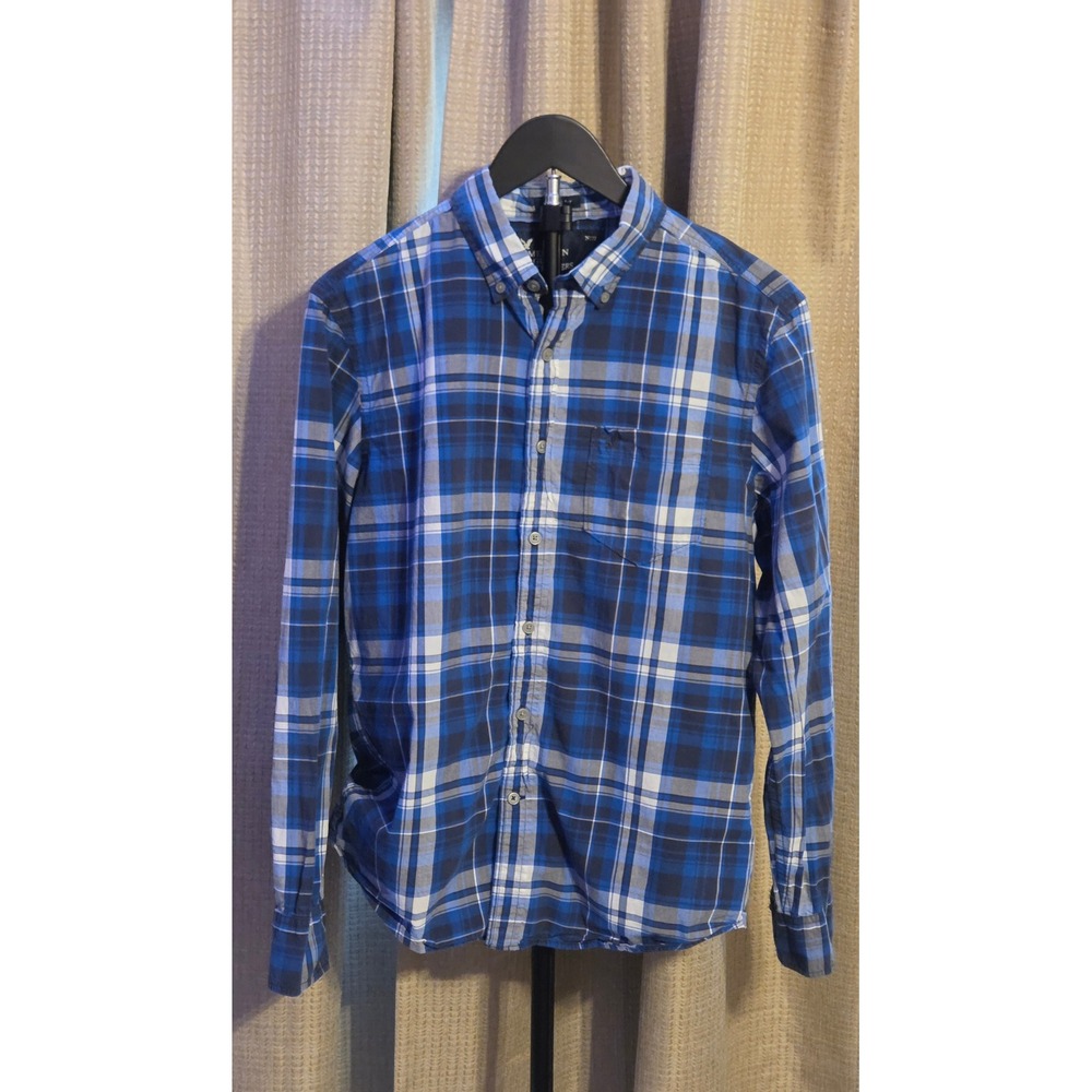 American Eagle Long Sleeve Plaid Button Down Shirt Mens Size Medium Blue‎ White